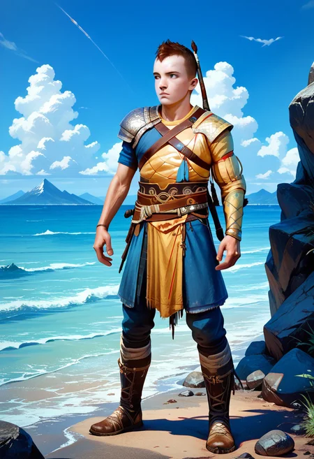 score_9,score_8_up,score_7_up,source_anime, Atreus,solo,1boy,standing,full body,male focus,weapon,outdoors,boots,sky,day,cloud,sword,armor,blue sky,looking to the side,ocean,shoulder armor,sheath,rock,mountain,realistic,