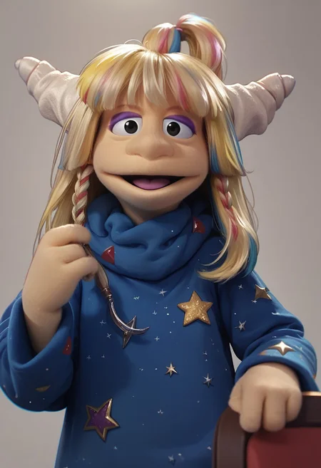 1girl, score_9, score_8_up, score_7_up BREAK Eureekaa, 1girl, blonde hair, multicolor hair streaks, ponytail, horns, black eyes, purple eyeshadow, long blue starry robe, smiling at viewer, full body,
