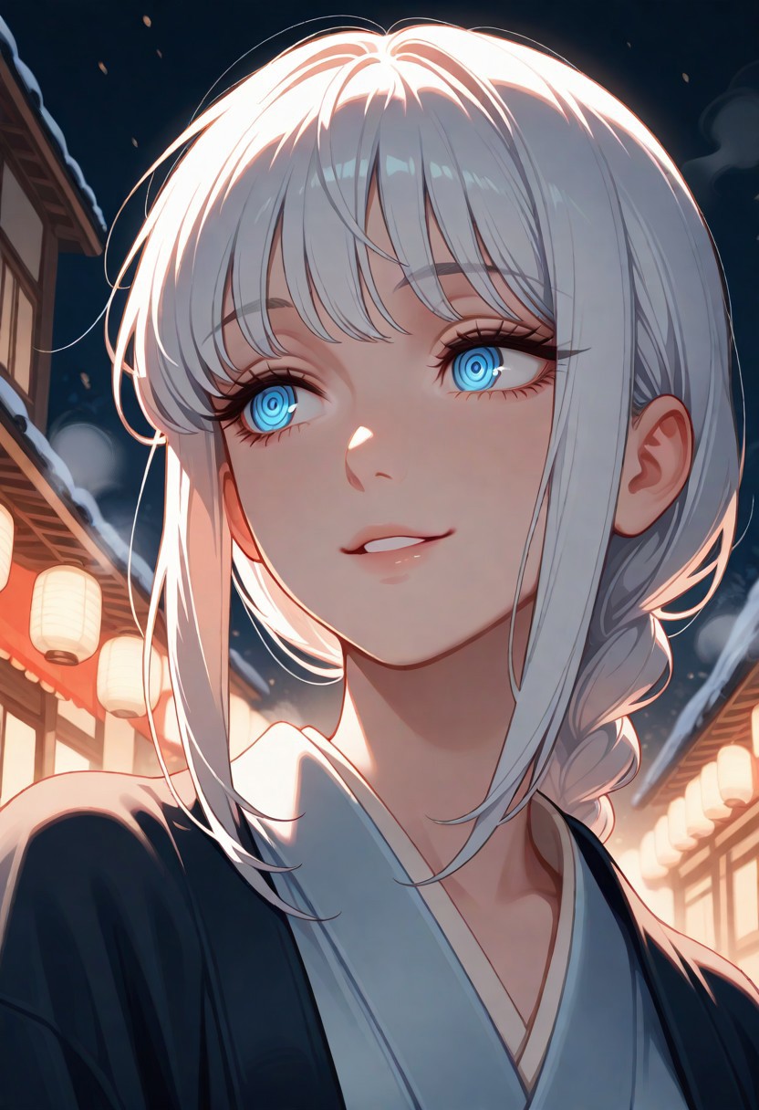 masterpiece, best quality, amazing quality, very aesthetic, flat colors, (artist:rain_rkgk:1), (artist:Tsuaii:1),
female portrait, close up, 1girl, solo, makima (chainsaw man), long hair, smile, bangs, blue eyes, braid, white hair, braided ponytail, ringed eyes, kimono, close up, waist up, posing, looking away, parted lips, steam, cold weather, foggy, night time, dark, misty, street, walking, dynamic angle, natural light,