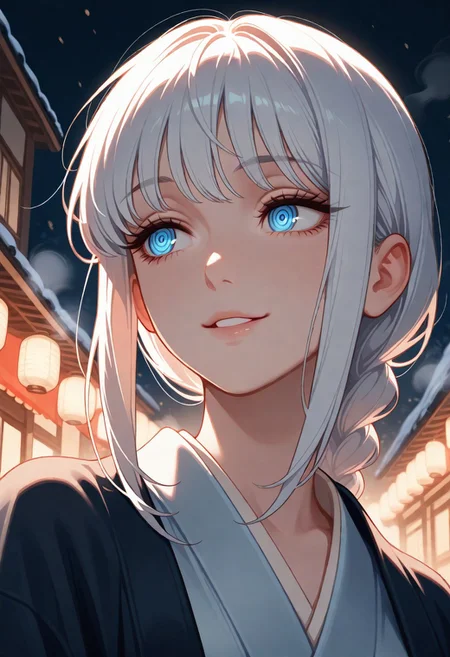 masterpiece, best quality, amazing quality, very aesthetic, flat colors, (artist:rain_rkgk:1), (artist:Tsuaii:1),
female portrait, close up, 1girl, solo, makima (chainsaw man), long hair, smile, bangs, blue eyes, braid, white hair, braided ponytail, ringed eyes, kimono, close up, waist up, posing, looking away, parted lips, steam, cold weather, foggy, night time, dark, misty, street, walking, dynamic angle, natural light,