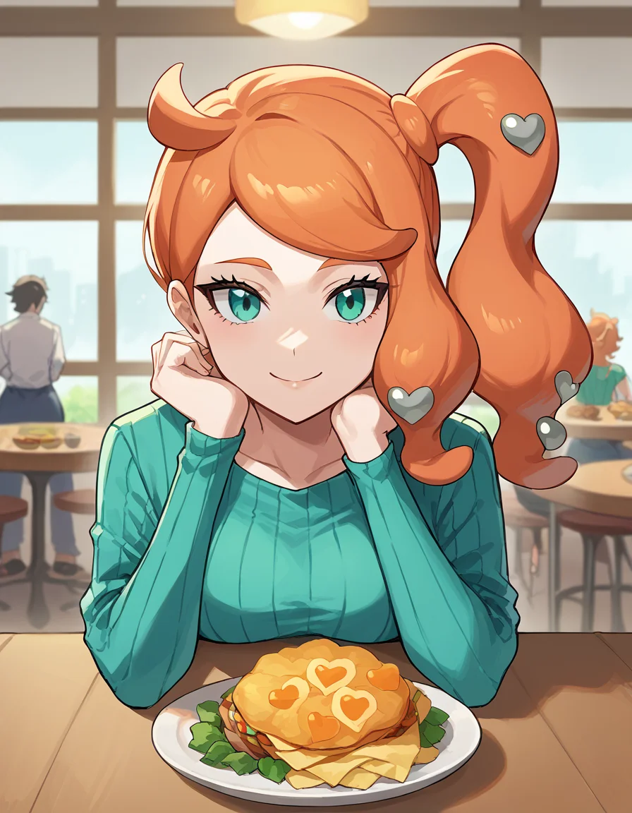 score_9, score_8_up, score_7_up, source_anime, <lora:pokemon-sonia-ponyxl-lora-nochekaiser:1> pokemonsonia, aqua eyes, heart, heart hair ornament, long hair, long sleeves, orange hair, side ponytail, swept bangs, medium breasts, <lora:pov-across-table-ponyxl-lora-nochekaiser:1> pov across table, pov dating, restaurant, table, meal, care, cup, head rest, smile, elbow on table, food, elbow rest, ,