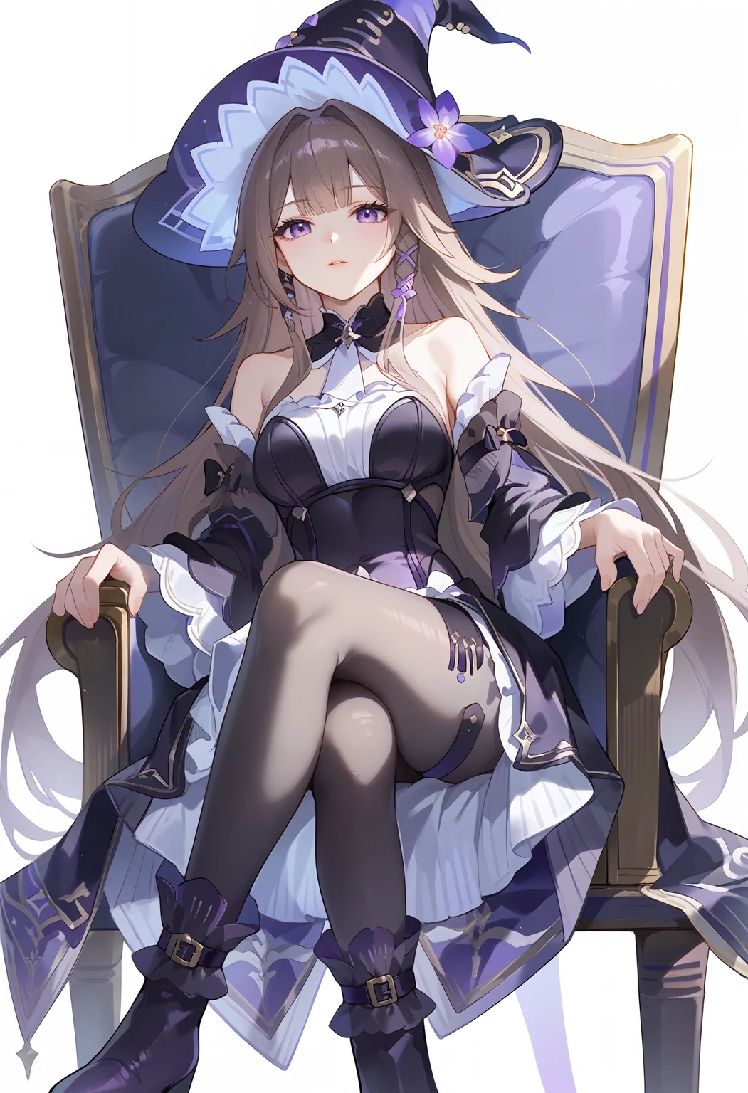 score_9_up,score_8_up,score_7_up,<lora:HSR_DHT_v1.0_pony-000058:1>,
HSR_DHT,1girl,solo,purple eyes,long hair,brown hair,sitting,witch hat,crossed legs,purple dress,black pantyhose,white background,chair,simple background,bare shoulders,very long hair,purple headwear,hairclip,black boots,frills