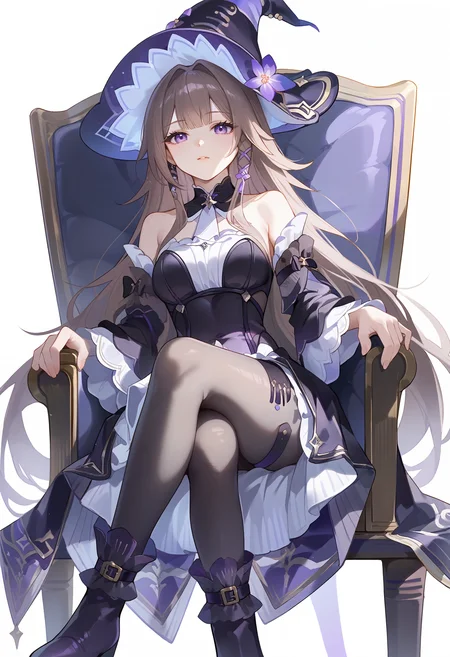 score_9_up,score_8_up,score_7_up,<lora:HSR_DHT_v1.0_pony-000058:1>,
HSR_DHT,1girl,solo,purple eyes,long hair,brown hair,sitting,witch hat,crossed legs,purple dress,black pantyhose,white background,chair,simple background,bare shoulders,very long hair,purple headwear,hairclip,black boots,frills