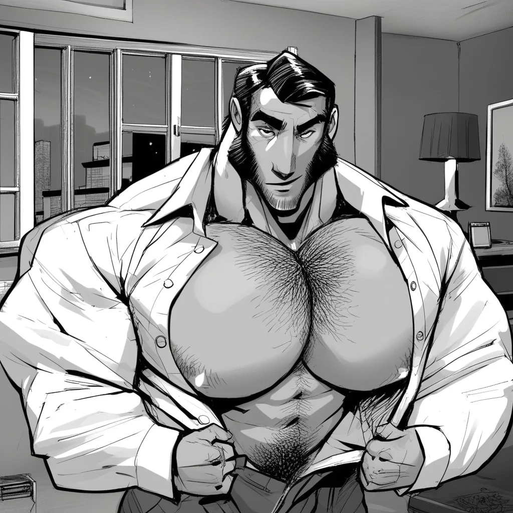 socre_9, sscore_8_up, score_7_up, 1boy, mature male, dark Hair, side burns, facial Hair, looking at viewer, hyper muscles, hyper pecs, Hairy, Hairy chest, undressing, clothes pull, pectoral cleavage, partially unbuttoned, in bedRoom, bedRoom back ground, window, courtains, lampshade