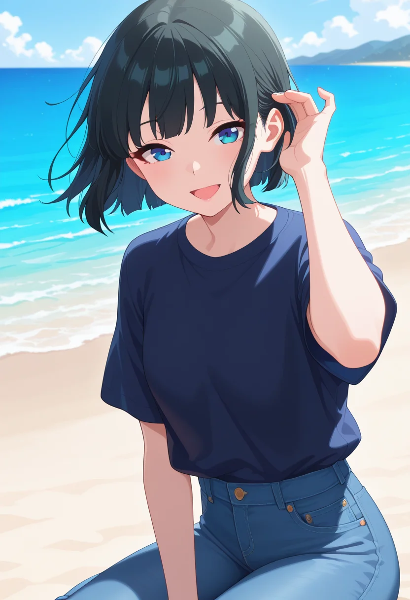 masterpiece, best quality, amazing quality, absurdres, 1girl, solo, sonokoww, blue eyes, black hair, short hair, bob cut, t-shirt, jeans, <lora:Kagetsu_Sonoko_Me_and_the_Alien_MuMu_ill:0.8>, sitting, yokozuwari, hair tucking, adjusting hair, floating hair, wind, looking at viewer, smile, open mouth, outdoors, day, beach, ocean, skindentation, detailed clothing folds, depth of field, sharp, high contrast, dynamic light