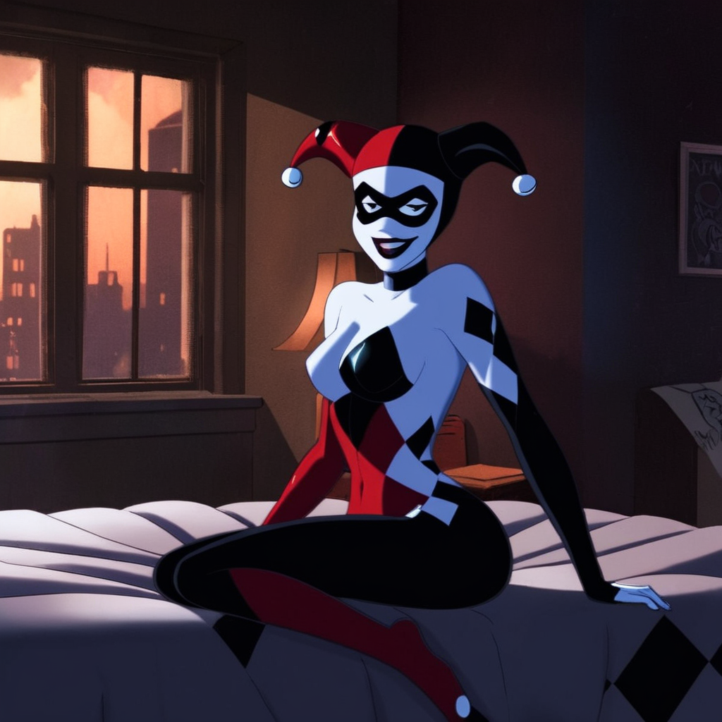 Dark Fantasy Art of  <lora:Harley Quinn:1.2>
Harley Quinn a naked breasts cartoon woman is sitting on a bed In Gotham City Universe, dark, moody, dark fantasy style