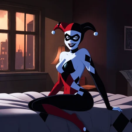 Dark Fantasy Art of <lora:Harley Quinn:1.2>
Harley Quinn a naked breasts cartoon woman is sitting on a bed In Gotham City Universe, dark, moody, dark fantasy style