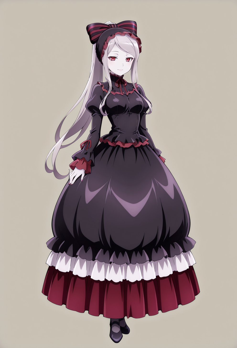 masterpiece, best quality, 
1girl, solo, full body, 
standing, 
looking at viewer, light smile,
simple background, pale background,
<lora:Shalltear_Bloodfallen:1> Sh4llt34rBl00df4ll3n, red eyes, long hair, very long hair, ponytail, pale skin, vampire, 
dress, frilled dress, striped bow, hair bow, frills, striped,long sleeves, long dress,