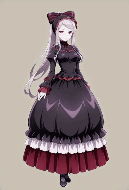 masterpiece, best quality,
1girl, solo, full body,
standing,
looking at viewer, light smile,
simple background, pale background,
<lora:Shalltear_Bloodfallen:1> Sh4llt34rBl00df4ll3n, red eyes, long hair, very long hair, ponytail, pale skin, vampire,
dress, frilled dress, striped bow, hair bow, frills, striped,long sleeves, long dress,