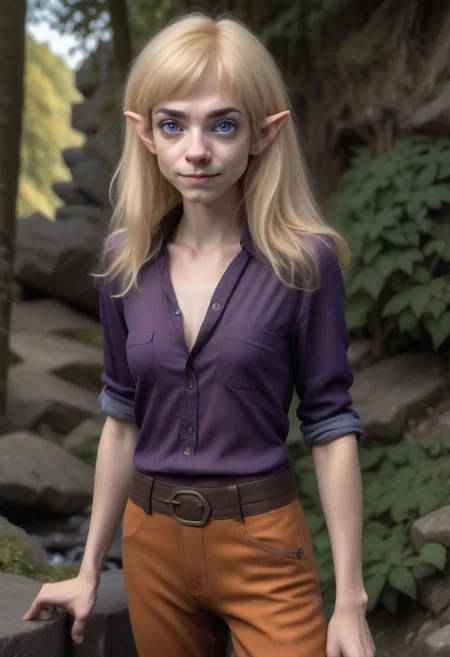 photo of pale (Age 19) female (halfling:1.75), (flat chested, rectangle body shape), (shaggy blonde, middle part), blue eyes, ((Dark purple)/(Dark Orange) masculine shirt/pants), homely, tiny, petite, thin, toned, lithe, full body, outdoors, HDR