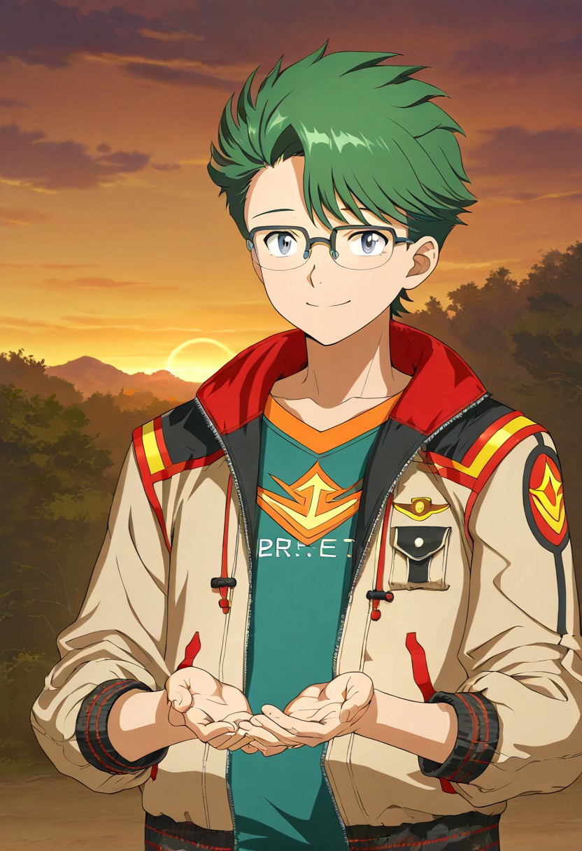 gb4_tao, green hair, short hair, grey eyes, 1boy, solo, male focus, glasses, jacket, anime style, anime draw style, detailed eyes, perfect hands, high quality, best quality, masterpiece, outdoor setting