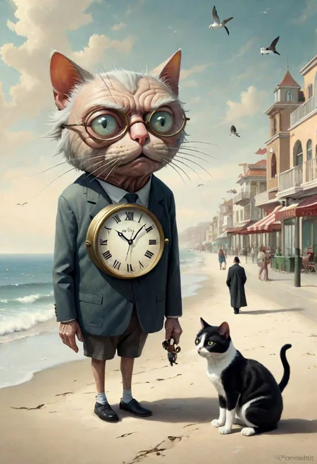 surreal cat  clock old  man beach  promenade