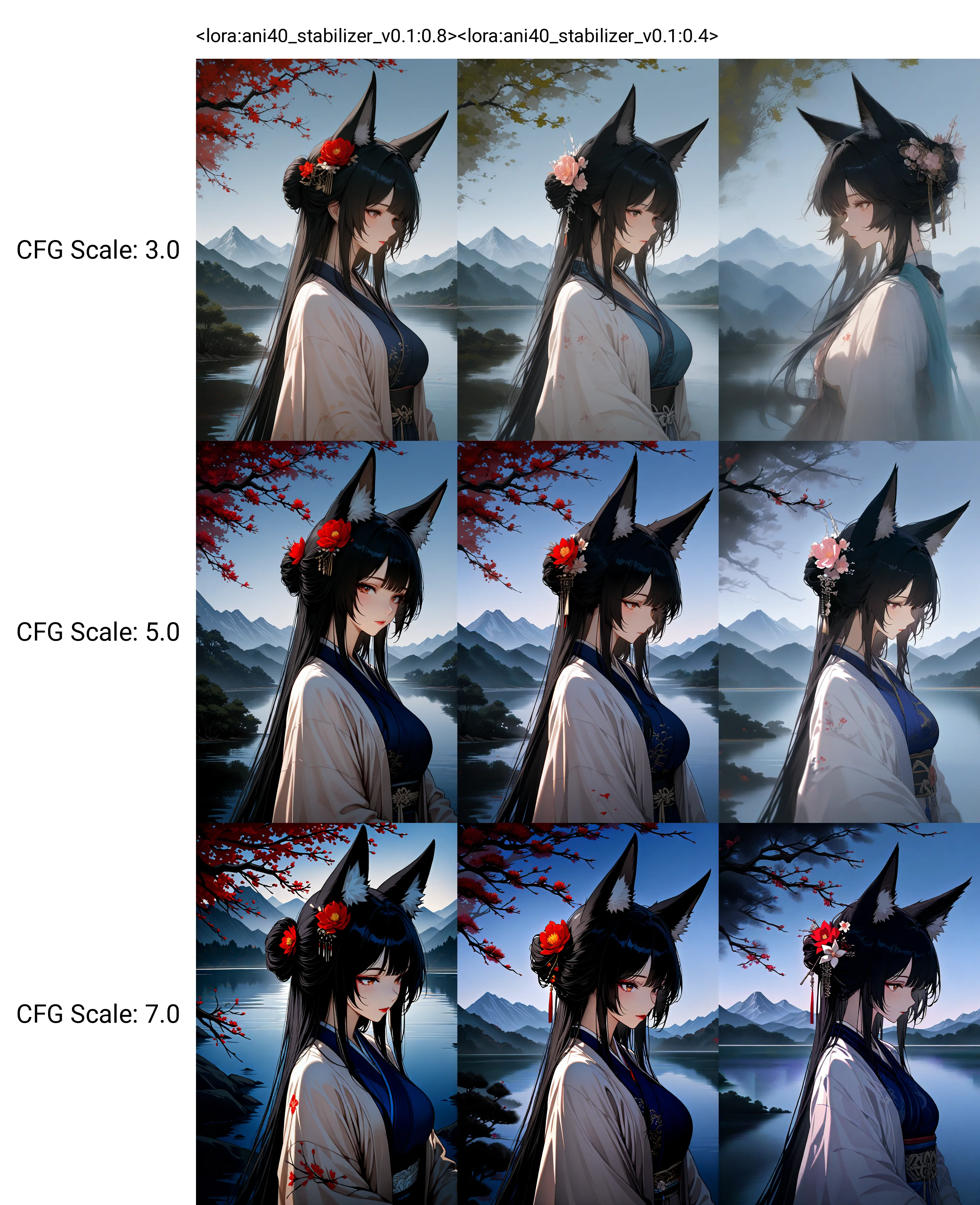 <lora:ani40_stabilizer_v0.1:0.8>1girl,fox ears,black hair,hair flower,china dress,hanfu,upper body,tree,lake,reflection,mountainous horizon,ink painting,masterpiece,best quality,high score,great score,[Trained by reakaakasky @civitai.com/user/reakaakasky and only published on civitai::0],