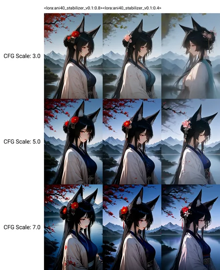 <lora:ani40_stabilizer_v0.1:0.8>1girl,fox ears,black hair,hair flower,china dress,hanfu,upper body,tree,lake,reflection,mountainous horizon,ink painting,masterpiece,best quality,high score,great score,[Trained by reakaakasky @civitai.com/user/reakaakasky and only published on civitai::0],