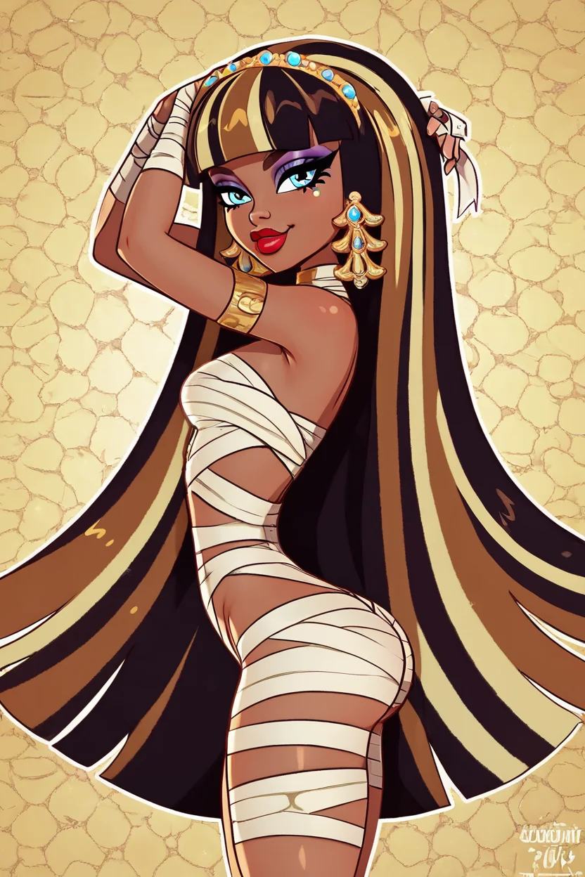 score_9, score_8_up, score_8, medium breasts, (curvy), cute, eyelashes,       BREAK, ,  zzCleo, long hair, multicolored hair, dark skin, blunt bangs, bangs, two-tone hair, black hair, blonde hair, streaked hair, eyeliner, very long hair, brown hair,  makeup, lipstick, bandages, mummy costume, jewelry, earrings, eyeshadow, dress, armlet, red lips, <lora:Cleo_MH_PDXL:0.8>,  , BREAK, smile, looking at viewer, cowboy shot, side view, ass,  ,,, embedding:zPDXL, Expressiveh, ,,, <lora:Zy0n7_PDXL:0.8>, <lora:SDXLFaeTastic2400:0.5>, <lora:Expressive_H-000001:0.4>,