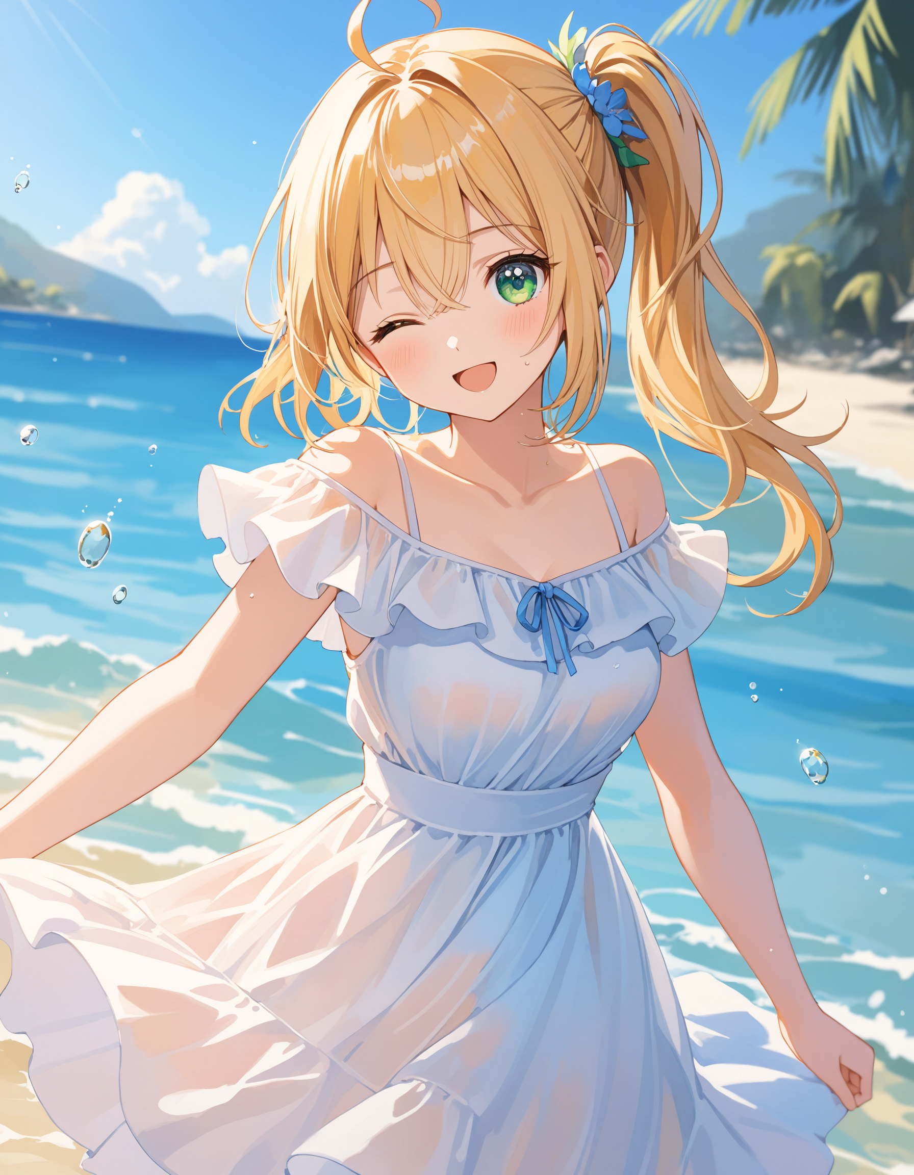 SceneDescription:
  - Composition: Upper body shot. Cinematic angle.
  - Subject: A cute girl.
    - Characteristics:
      - Face: (Cute round face:1.2).
      - Eyes: Detailed green eyes. (One eye closed:1.25).
      - Hair: Medium hair, (side ponytail:1.1), blonde hair, ahoge and hair between eyes.
      - Body: Detailed slender body. Medium breasts.
      - Clothing: White chiffon sundress and ruffled short sleeves.
        - Elements: Wet overflow. Wet hair. Wet body. Wet dress.
      - Expression: Amused expression. Open mouth.
      - Posing: Dynamic pose. Looking at viewer. (Put in water:1.2).
  - Background: Fashionable beach.
    - Elements: Palm tree. Blue sky. Clear sky.
Time: Daytime.
Season: Summer.
Lighting: (Sunbeam:1.4).
ArtStyle: Watercolor. Traditional media.
Quality: Intricate details. Extremely detailed. Outstanding intricacies. (Masterpiece:1.2). (Best quality:1.2). (Absurdres absolutely resolution:1.4).
Mood: Serene atmosphere.