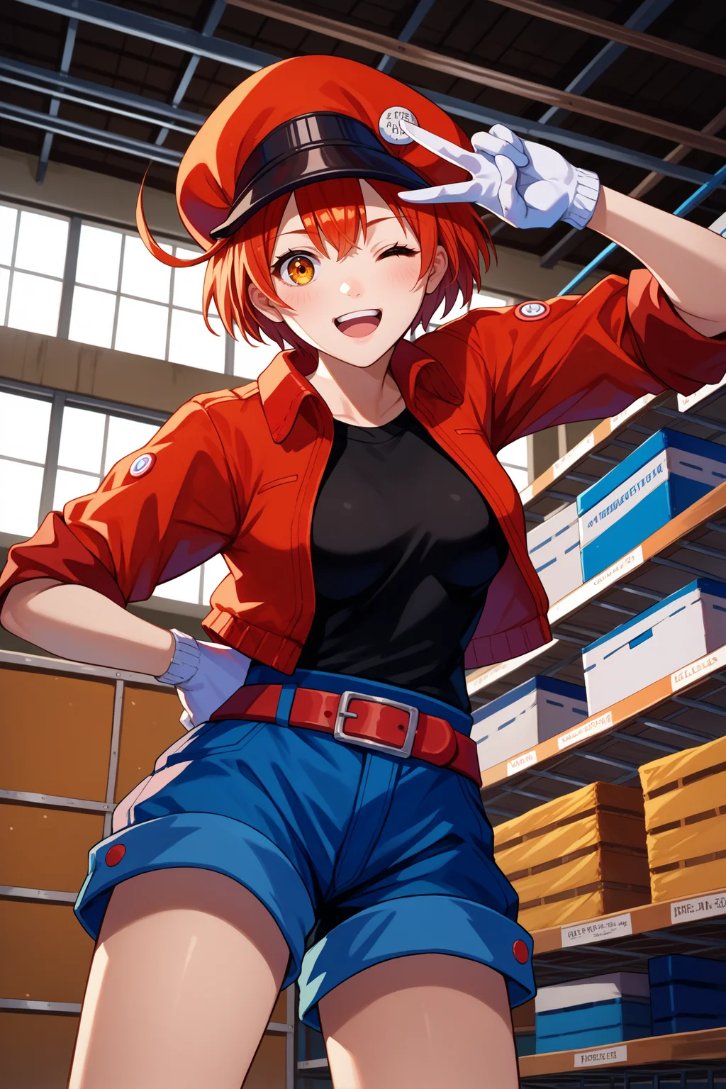 score_9, score_8_up, score_7_up, score_6_up, source_anime, 1girl, solo, <lora:ae3803-pdxl-nvwls-v1-000005:1> ae3803, red hat, cabbie hat, red hair, short hair, ahoge, amber eyes, red jacket, short sleeves, black shirt, blue shorts, red belt, white gloves, medium breasts, leaning forward, wink, peace sign, blush, looking at you, from below, warehouse