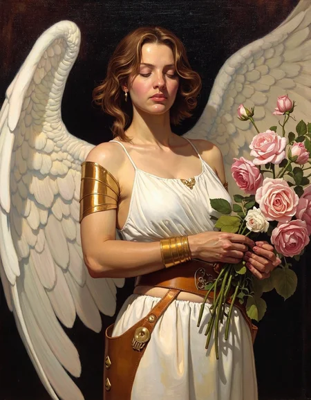 (thomasblackshear style painting) beautiful woman angel wearing white slip dress, leather armor, flowers "forget to smell the roses"