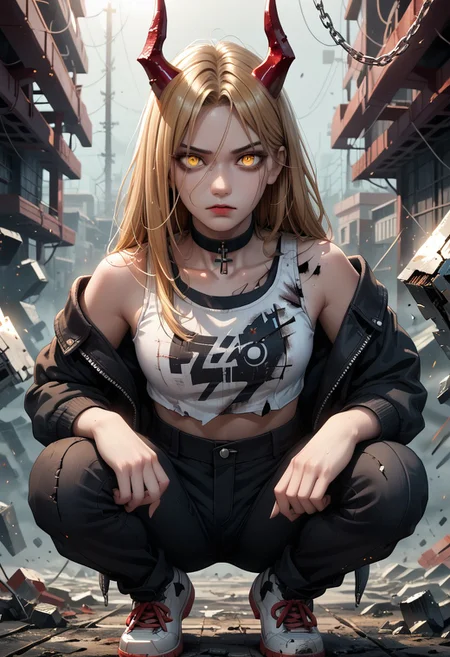 A highly detailed, masterpiece-quality portrait of a stylized female character (solo) with long blonde hair, red horns, and yellow eyes with cross-shaped pupils, crouching in an industrial, post-apocalyptic setting. She wears a white tank top, black pants, a partially removed black jacket, and white sneakers. A black choker with a chain is around her neck, and she has a confident, intense gaze directed at the viewer. Her midriff is exposed, highlighting her athletic physique. The environment is gritty, featuring metallic debris, rusted structures, and dim lighting casting dramatic shadows. In the background, slightly out of focus, are several individuals, some with heads down, engaged in a conversation or observing the scene. One person, positioned slightly above the center, adds depth to the image. The mood is both dynamic and eerie, blending realism with a stylized, anime-inspired aesthetic.