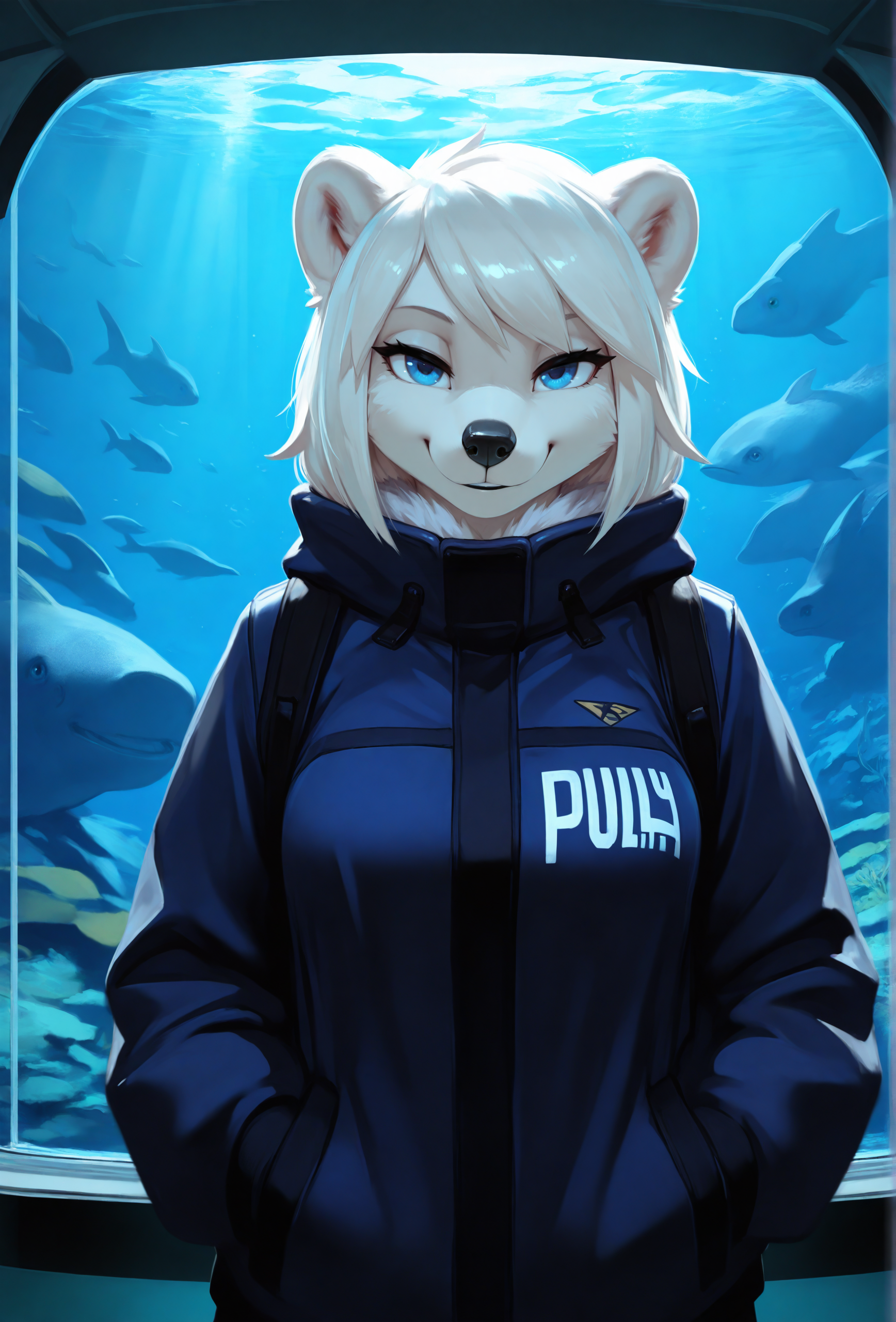 (masterpiece, best quality, very aesthetic, absurdres:1.2), 1girl, furry, science fiction, aquarium, polar bear girl, straight-on, jacket, looking at viewer, smile, <lora:chunie_style_illustrious_v1f:1> chunstyle, blue eyes, solo