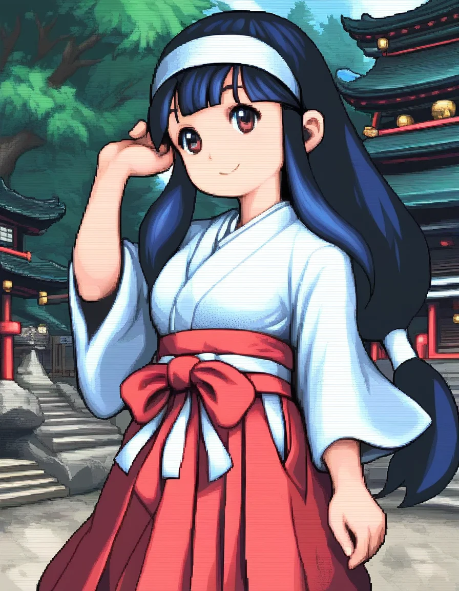 score_9, score_8_up, score_7_up, source_anime, rating_explicit, BREAK <lora:Sayo-chan_XL:1> sayo-chan, long hair, blue hair, hairband, white hairband, low-tied long hair, bangs,black hair, sidelocks, blunt bangs,
1girl, solo, japanese clothes, miko, smile, red hakama, hakama, skirt, bow, hakama skirt, brown eyes,
shrine, rope, tree, outdoors,