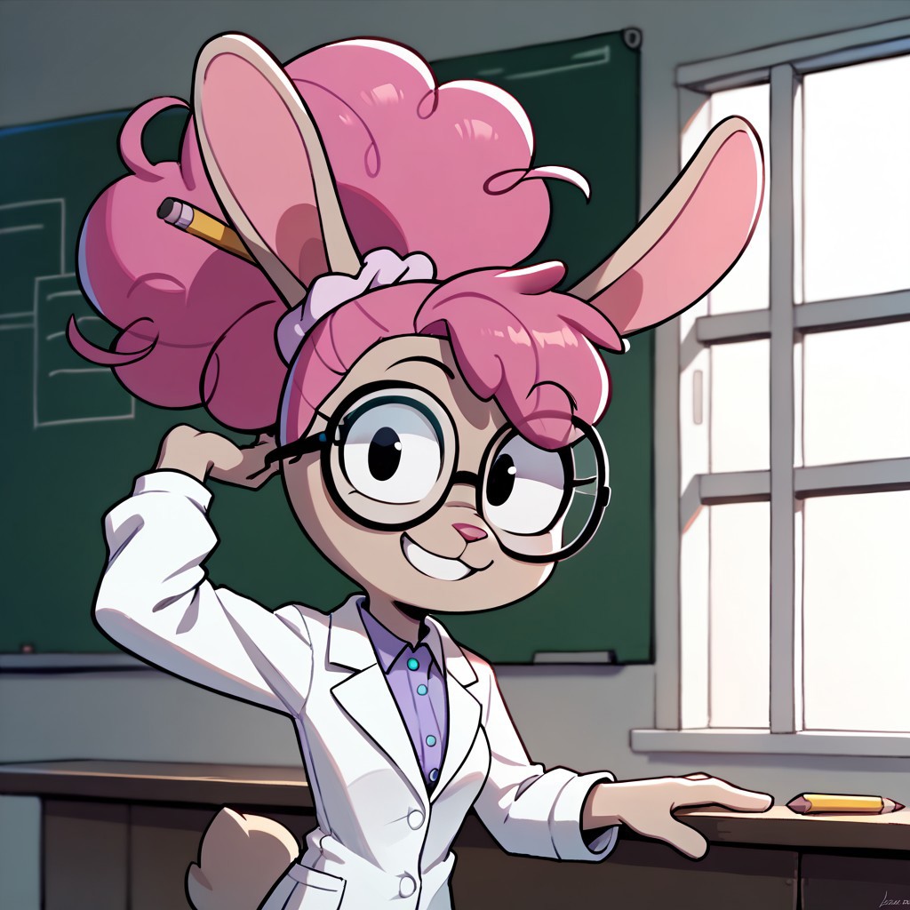 score_9, score_8_up, score_7_up BREAK DrAnnabelle, 1girl, anthro bunny, light brown fur, pink nose, pink curly hair, ponytail, pencil stuck in hair, light purple scrunchie, black eyes, glasses, white lab coat, light purple undershirt, cowboy shot, smiling at viewer,