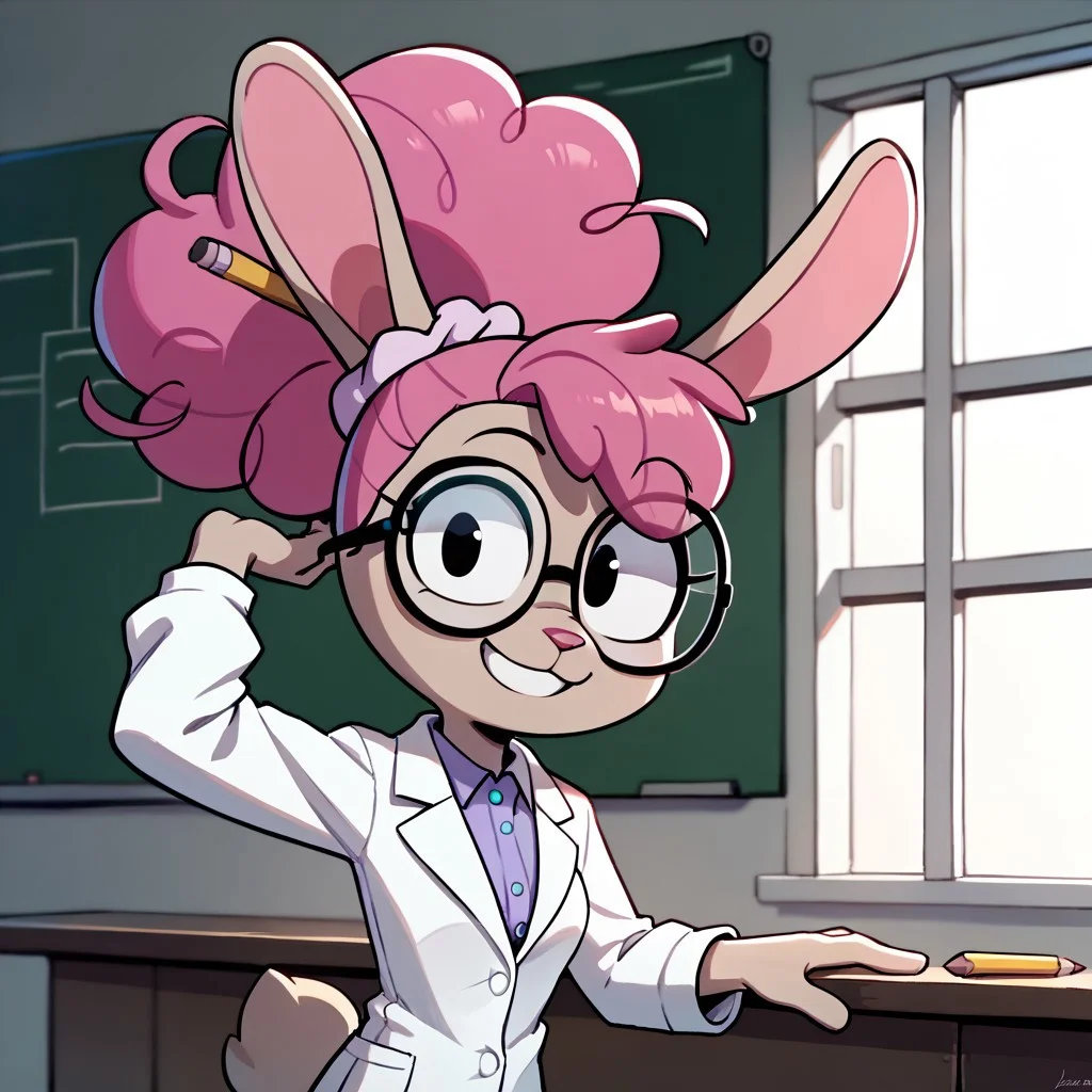 score_9, score_8_up, score_7_up BREAK DrAnnabelle, 1girl, anthro bunny, light brown fur, pink nose, pink curly hair, ponytail, pencil stuck in hair, light purple scrunchie, black eyes, glasses, white lab coat, light purple undershirt, cowboy shot, smiling at viewer,