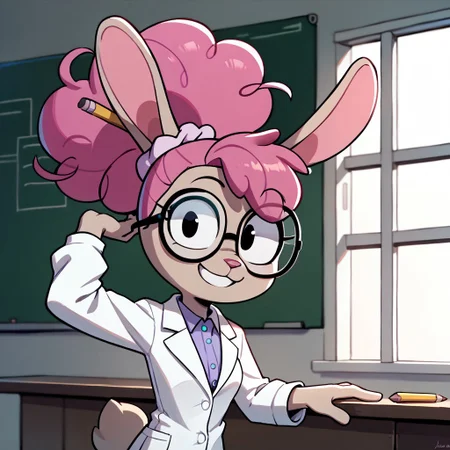 score_9, score_8_up, score_7_up BREAK DrAnnabelle, 1girl, anthro bunny, light brown fur, pink nose, pink curly hair, ponytail, pencil stuck in hair, light purple scrunchie, black eyes, glasses, white lab coat, light purple undershirt, cowboy shot, smiling at viewer,