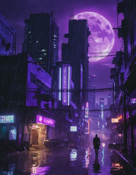 <lora:r0k00g00th:1>,r0k00g00th,r0kur3&l1tyHD. cyberpunk art,, a city with a lot of buildings and a full moon in the background with a purple light on the building [2], prompt . ,weather, (extreme weather, Flooding:1.5) (excessive rain causing water overflow),