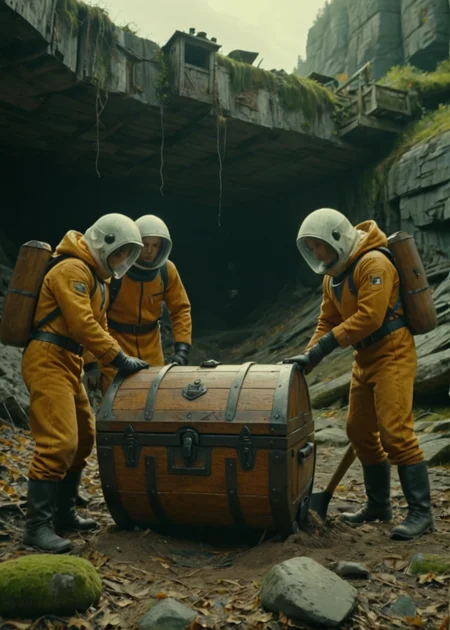 oss artstyle Film still from a movie about a group of people on a treasure hunt. is seen standing next to a treasure chest, holding a shovel. <lora:Old Space Station Artstyle - Trigger is OSS Artstyle:1>