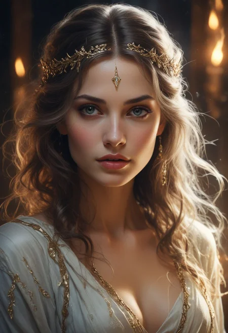 In the dimly lit chamber, the enchantress' eyes sparkled with a tantalizing promise, their depths shimmering like twin stars. Her gaze, intense and mesmerizing, held the power to captivate and ensnare. The soft glow of the firelight played across her delicate features, highlighting the allure of her enigmatic smile. Draped in flowing, ethereal robes that clung to her graceful form, she moved with a fluid elegance that seemed almost otherworldly. Each glance she cast was a silent invitation, filled with the unspoken allure of secrets and desires yet to be revealed. The air around her thrummed with a subtle, magical energy, as if the very atmosphere responded to her presence. Those who met her gaze felt a magnetic pull, drawn into the spellbinding promise of her eyes, unable to look away.