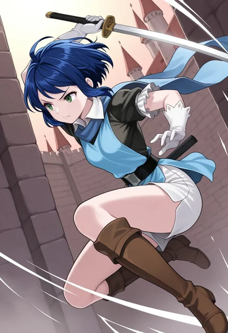 source_vanillaware,
close-up, windy, action pose, slashes, hitsparks, midair,
1girl, solo,
LeahIL, Leah Unicorn Overlord,
green eyes, dark blue hair, sidelocks, short hair, small breasts,
fencer clothing, white collar, blue scarves, black under-shirt, black waist belt, white frills, short sleeves, white gloves, white shorts, brown boots,
angry, slashing, looking away, holding sword,
katana,
castle walls,