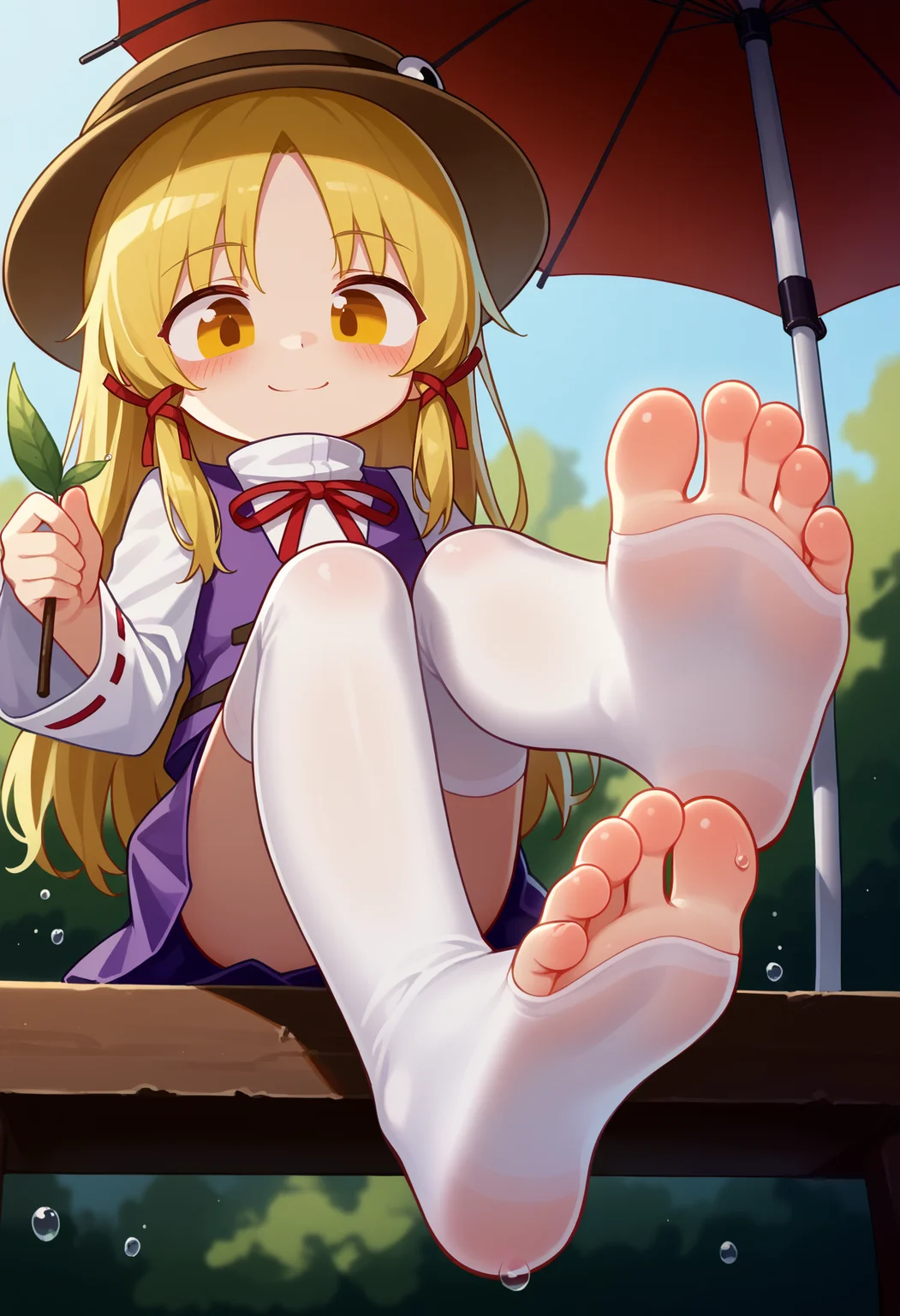 score_9, uncensored, source_anime
BREAK
moriya suwako, 1girl, solo, looking at viewer, blush, smile, shirt, skirt, blonde hair, long sleeves, thighhighs, hat, holding, ribbon, closed mouth, sitting, white shirt, yellow eyes, hair ribbon, wide sleeves, white thighhighs, vest, feet, red ribbon, parted bangs, toes, turtleneck, soles, no shoes, from below, foreshortening, purple skirt, water drop, brown headwear, foot focus, purple vest, holding leaf, leaf umbrella
<lora:antifreez3_pony_v2:1>