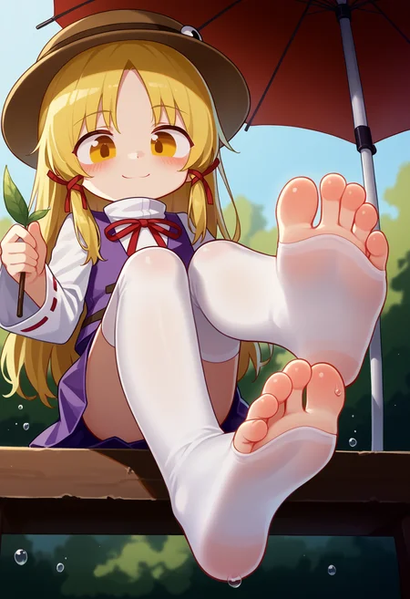 score_9, uncensored, source_anime
BREAK
moriya suwako, 1girl, solo, looking at viewer, blush, smile, shirt, skirt, blonde hair, long sleeves, thighhighs, hat, holding, ribbon, closed mouth, sitting, white shirt, yellow eyes, hair ribbon, wide sleeves, white thighhighs, vest, feet, red ribbon, parted bangs, toes, turtleneck, soles, no shoes, from below, foreshortening, purple skirt, water drop, brown headwear, foot focus, purple vest, holding leaf, leaf umbrella
<lora:antifreez3_pony_v2:1>