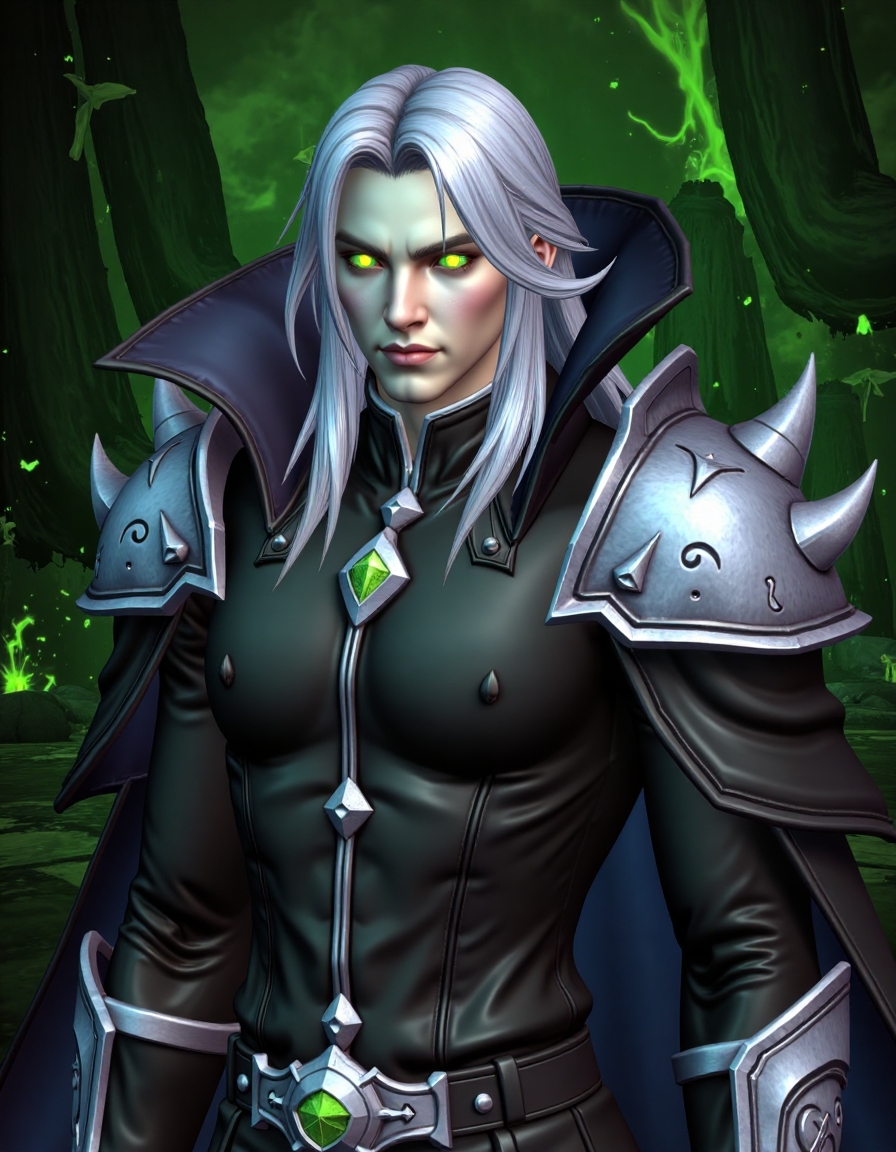 WOW_Character_Style, Extreme close-up portrait of Sephiroth, cropped from upper chest to mid-forearm. His glowing, cat-like green eyes burn with a cold intensity, contrasting against his pale, flawless skin. Long, flowing silver hair cascades behind him, with a few strands falling over his stoic, yet malevolent expression. He wears a dark, battle-worn black leather coat with silver accents, the frame's top edge emphasizing his sharp, spiked pauldrons. The image cuts off at mid-forearm, revealing the high, sleek collar of his armor and the detailed texture of his coat. His iconic Masamune sword is faintly visible at his side, barely out of frame. Hands out of frame. The background suggests the otherworldly landscape of the Twisting Nether, with swirling dark clouds and green, fel-infused energy pulsing in the distance. [Composition: Tight 85mm lens effect, compress perspective to naturally exclude extremities.]
