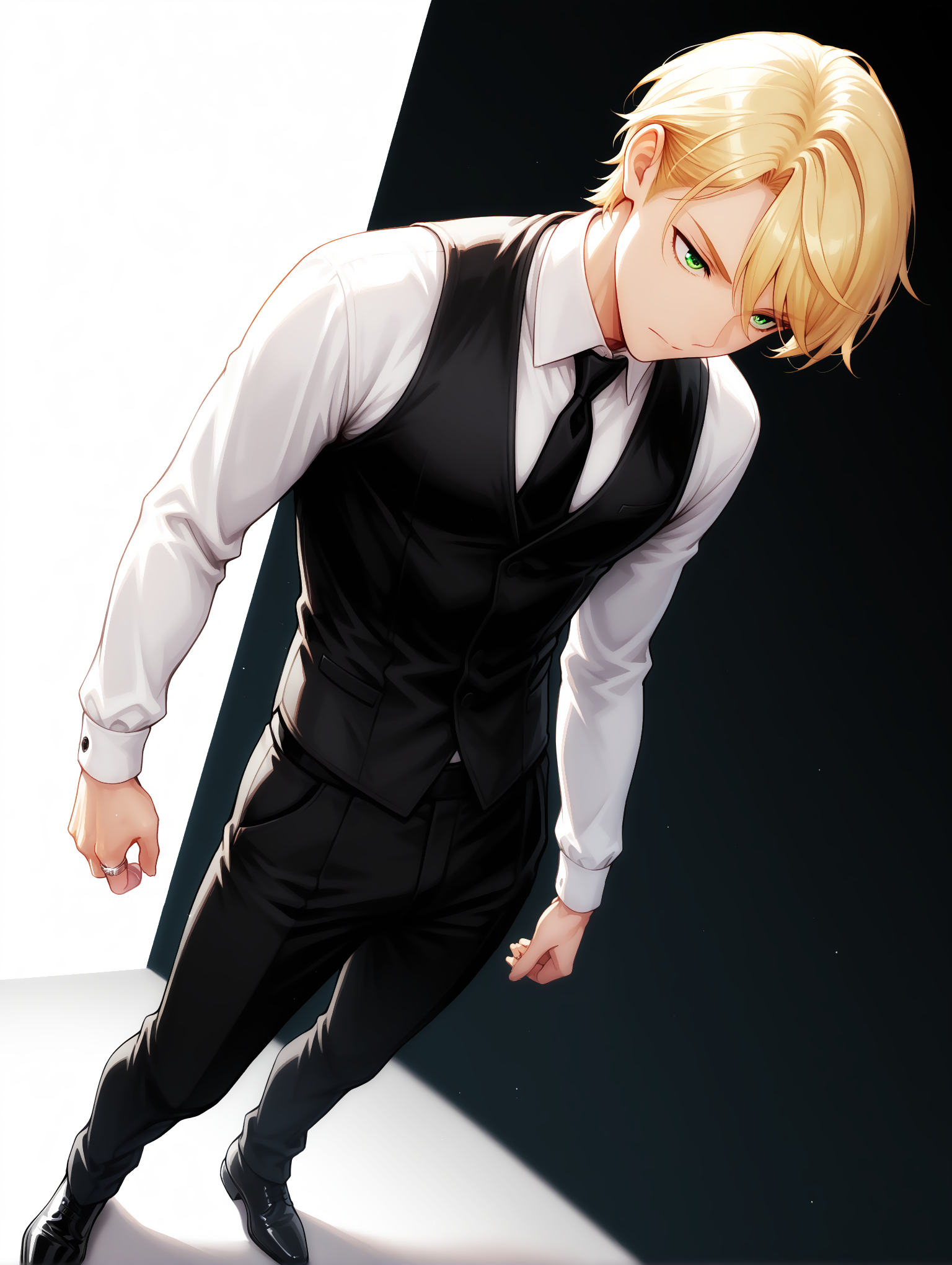 masterpiece, very aesthetic, best quality, solo, dynamic angle, amazing quality, 25 years old, masculine, fit body, male, imtdfelixfathom, 1boy, blonde hair, vest, short hair, shirt, necktie, green eyes, back vest, white shirt, long sleeves, pants, formal, black necktie, collared shirt, waistcoat, swept bangs, ring, black footwear, full body, two tone background