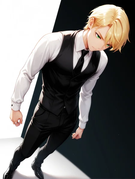 masterpiece, very aesthetic, best quality, solo, dynamic angle, amazing quality, 25 years old, masculine, fit body, male, imtdfelixfathom, 1boy, blonde hair, vest, short hair, shirt, necktie, green eyes, back vest, white shirt, long sleeves, pants, formal, black necktie, collared shirt, waistcoat, swept bangs, ring, black footwear, full body, two tone background