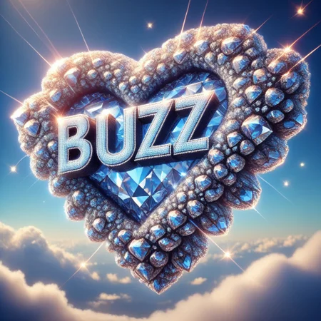 diamondMW, blue buzz, the word "Buzz" made of diamonds on a cloud, fluffy cloud sky background, masterpiece, high detail, (photographic medium), volumetric light.