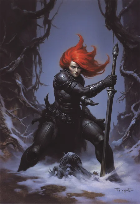 fantasy oil painting in the style of fr4z3tt4, closeup portrait of a woman with pale skin and bright red hair, wearing heavy steel knight armor, in a snowy dark forest