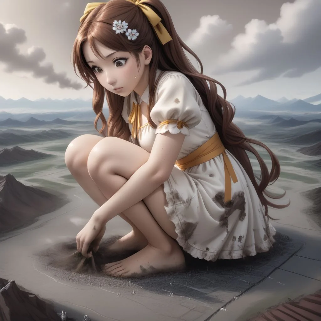 score_9, score_8_up, score_7_up, score_6_up, macro, giga macro, giantess,( 1girl:1.5), solo, solo focus,
(enju aihara, brown eyes, ribbon, hair ribbon, ribbon, long hair, brown hair, hair ornament, dress, lace dress, short sleeves, white dress, elegant dress, flower girl, flower girl dress, bare legs, barefoot, looking down, sweating, adorable girl:1.3), (kneeling, crouching, on her knees, kneeling down:1.4),
(cute female, love, flower girl, flower girl dress, white dress:1.5), 1girl, perfect feet, feet, looking down, (sweat, sweaty, very sweaty, steam, steamy:1.4), (bare legs, barefoot:1.3), toes, (crawling, all fours, crawling on a tiny city, crawling on a tiny landscape, looking down:1.4), (dirty feet, dirty soles, sweaty feet, sweaty soles, steamy feet, dirty soles, feet dripping sweat, feet dripping with sweat, feet steaming, steam around feet, very sweaty feet, sweat on soles:1.3), flower girl, very cute girl, (dirty, digging, dirty feet, smoke around feet, smoke from destruction, muddy legs, mud on feet, dirty dress:1.3),
extreme detail, realistic, realism, masterpiece, perfect lighting, bloom, cinematic lighting, highres, (ultra realistic, 32k, masterpiece:1.2), (high detailed skin:1.1), (high quality:1.1), (detailed background, very detailed background:1.2),
(landscape:1.5), stepping on cities, stepping on a tiny city, stepping on a tiny landscape, tiny landscape, tiny cities, cities everywhere, destruction, mass destruction, from space, view from space,