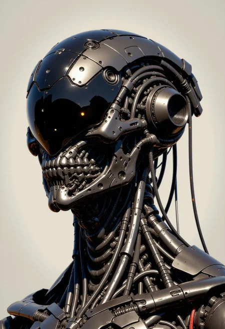a highly detailed digital illustration of a futuristic, robotic head. The head is designed with a sleek, black and metallic aesthetic, featuring a smooth, skull-like structure with visible mechanical components and a visor-like, translucent faceplate. The faceplate has a slightly matte finish, reflecting a soft, diffused light. The skull's interior is intricately detailed with wires, circuitry, and mechanical parts, emphasizing a cybernetic design.
The head is adorned with various appendages, including two large, black, cylindrical speakers on the sides, connected by red wires that run down the back of the neck. There are also several smaller, mechanical components and sensors, giving the impression of advanced technology. The neck and upper body of the robot are visible, showcasing additional complex mechanical parts, including panels, gears, and wires, all in a dark, metallic color scheme.
The background is a plain, light gray, which helps to accentuate the dark, industrial design of the robot. The overall style of the illustration is highly realistic with a focus on detail and texture, capturing the essence of advanced robotic engineering. This digital artwork is likely intended to depict a concept design for a futuristic or sci-fi setting. articyborg, in the style of artics