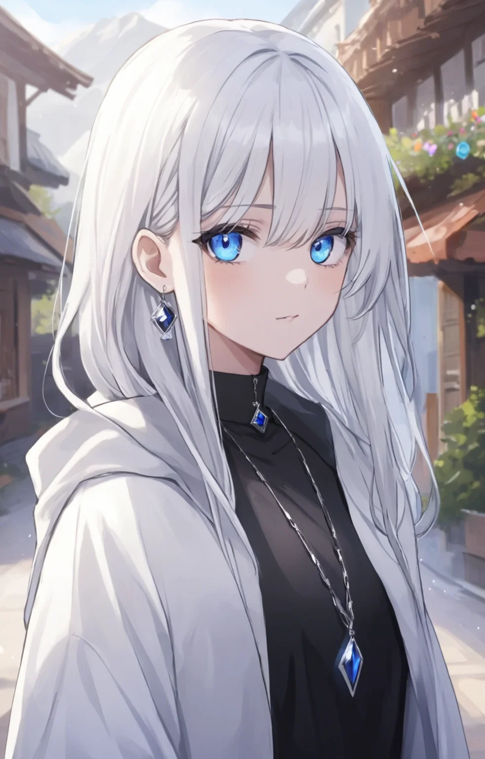 1girl, blue eyes, solo, jewelry, long hair, earrings, looking at viewer, blurry, eyebrows visible through hair, blurry background, bangs, virtual youtuber, closed mouth, hood, white hair, hair between eyes, depth of field, hood down, upper body, silver hair, shirt, black shirt, necklace, outdoors, jacket, white jacket, cloak, expressionless, portrait, french braid, collared shirt