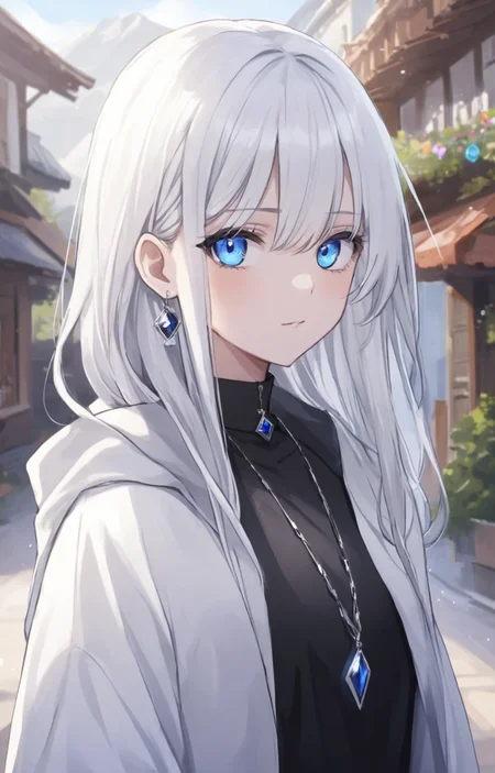 1girl, blue eyes, solo, jewelry, long hair, earrings, looking at viewer, blurry, eyebrows visible through hair, blurry background, bangs, virtual youtuber, closed mouth, hood, white hair, hair between eyes, depth of field, hood down, upper body, silver hair, shirt, black shirt, necklace, outdoors, jacket, white jacket, cloak, expressionless, portrait, french braid, collared shirt