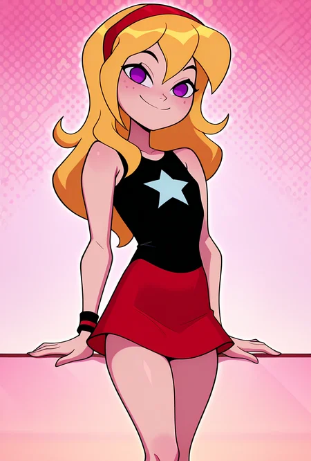 ((cartoon, screencap, )) <lora:lucysmall:1> lucysmall, solo, long hair, blonde hair, red hairband, black shirt, sleeveless, flat chest, star (symbol), purple eyes , tank top, wristband, miniskirt, red skirt, dynamic pose, looking at viewer, smile,, masterpiece, best quality, amazing quality, very aesthetic, absurdres, newest,