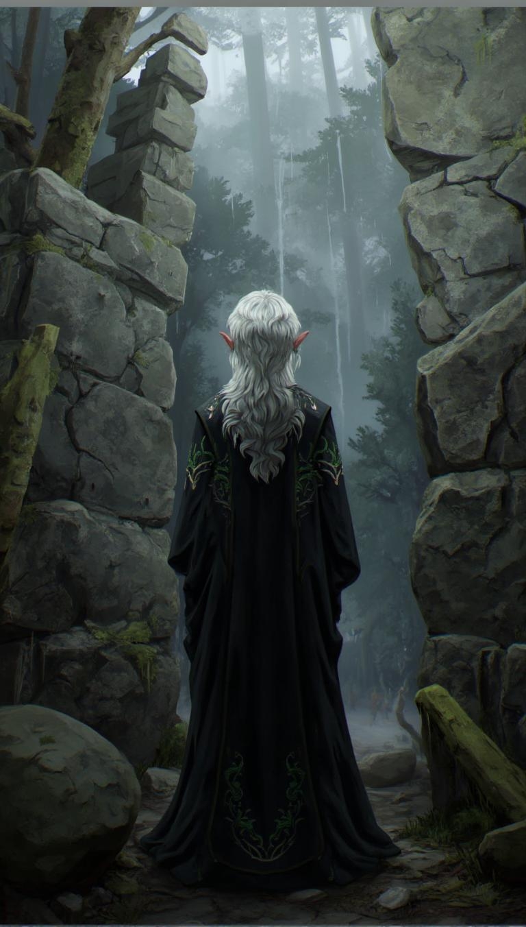 <lora:ck-LttleGhost-000011.safetensors:1> in the style of ck-lttlegh0stAn elderly figure stands before a weathered stone wall, their silver hair and dark embroidered robes a stark contrast to the misty forest surroundings. The atmosphere is heavy with an air of mystery, as ancient ruins tower in the background.