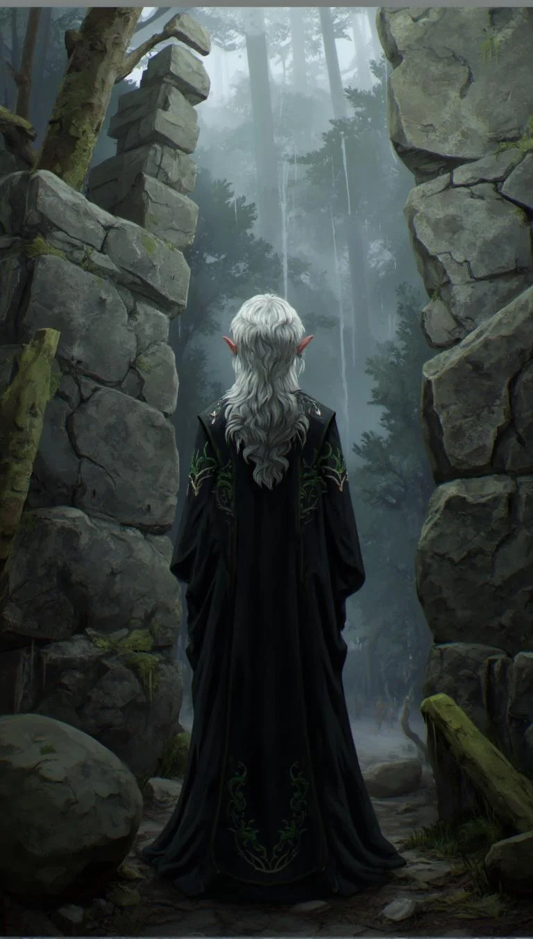 <lora:ck-LttleGhost-000011.safetensors:1> in the style of ck-lttlegh0stAn elderly figure stands before a weathered stone wall, their silver hair and dark embroidered robes a stark contrast to the misty forest surroundings. The atmosphere is heavy with an air of mystery, as ancient ruins tower in the background.
