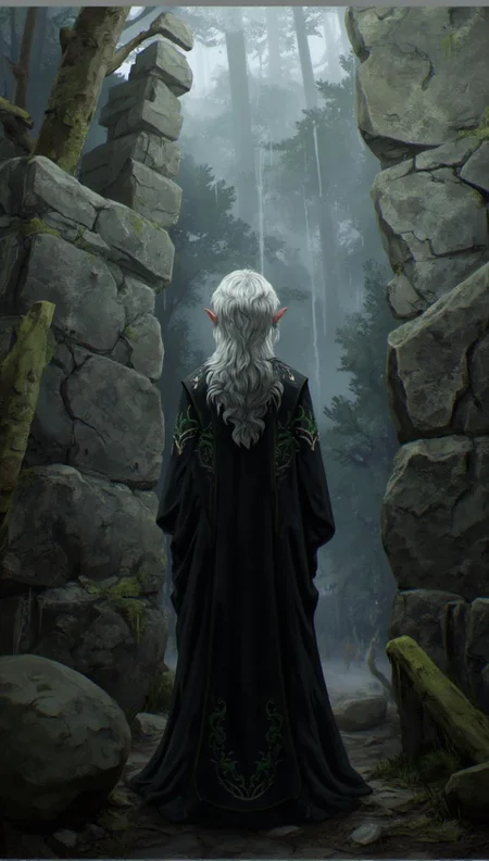 <lora:ck-LttleGhost-000011.safetensors:1> in the style of ck-lttlegh0stAn elderly figure stands before a weathered stone wall, their silver hair and dark embroidered robes a stark contrast to the misty forest surroundings. The atmosphere is heavy with an air of mystery, as ancient ruins tower in the background.