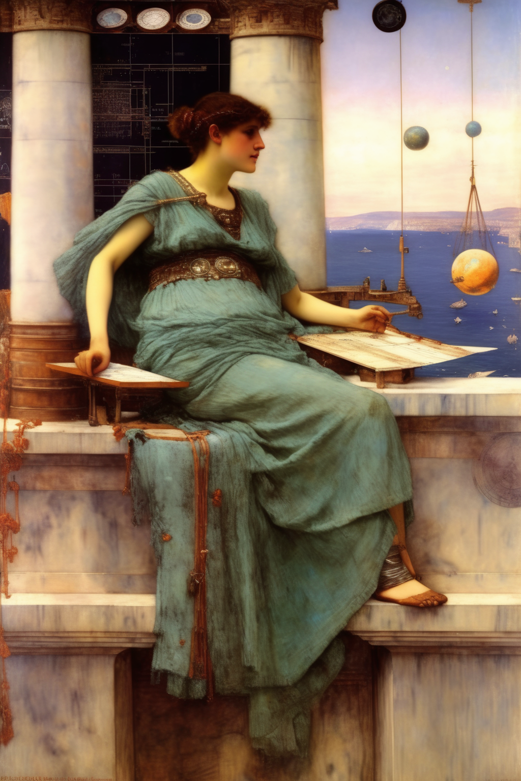 <lora:Lawrence Alma Tadema Style:1>Lawrence Alma Tadema Style - a painting of a woman sitting on a ledge, alma-tadema, normam rockwell, astronomical charts in the background
