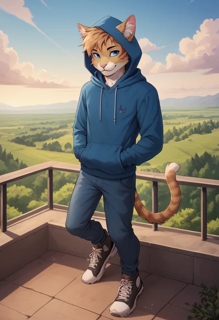 masterpiece, best quality, amazing quality, very aesthetic, absurdres, newest, scenery, The_furry_style, 1boy, male focus, animal ears, blue eyes, cat ears, tail, hood, solo, cat tail, bird