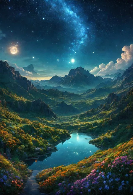 A dreamy night with stardust by Al Williamson,  (panoramic , artstyle-art deco but extremely beautiful:1.4), (intricate details, masterpiece, best quality:1.4)
Terragen, beautiful massive landscape, epic scenery, Terragen, , looking at viewer
<lora:add-detail-xl:1> <lora:xl_more_art-full_v1:0.5>  <lora:looking_at_viewer:2>